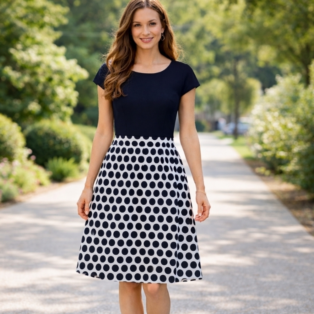 Precis Petite| Navy White Lux Geometric Tailored Silhouette Dress